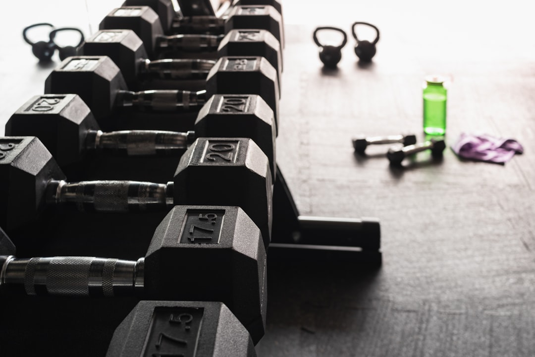 Collection of kettlebells on floor