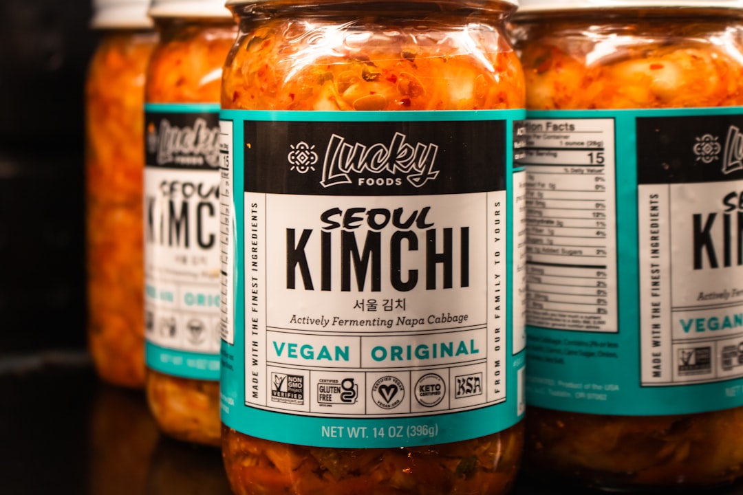 Fermented foods like sauerkraut and kimchi in jars