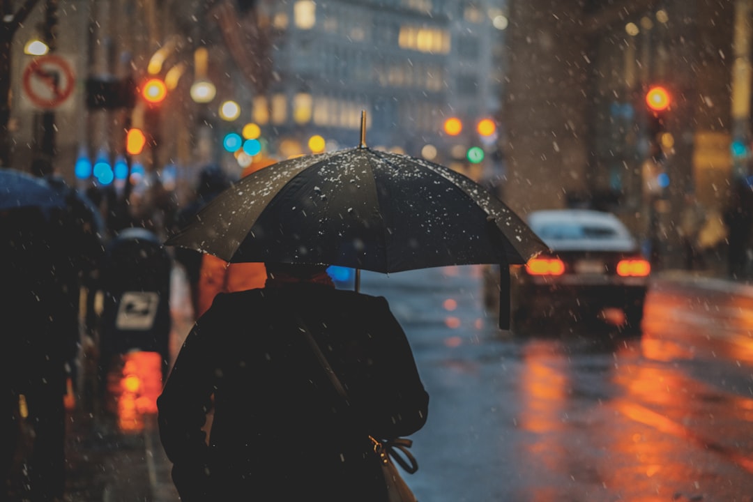 Person walking through a rainy city at night with an umbrella