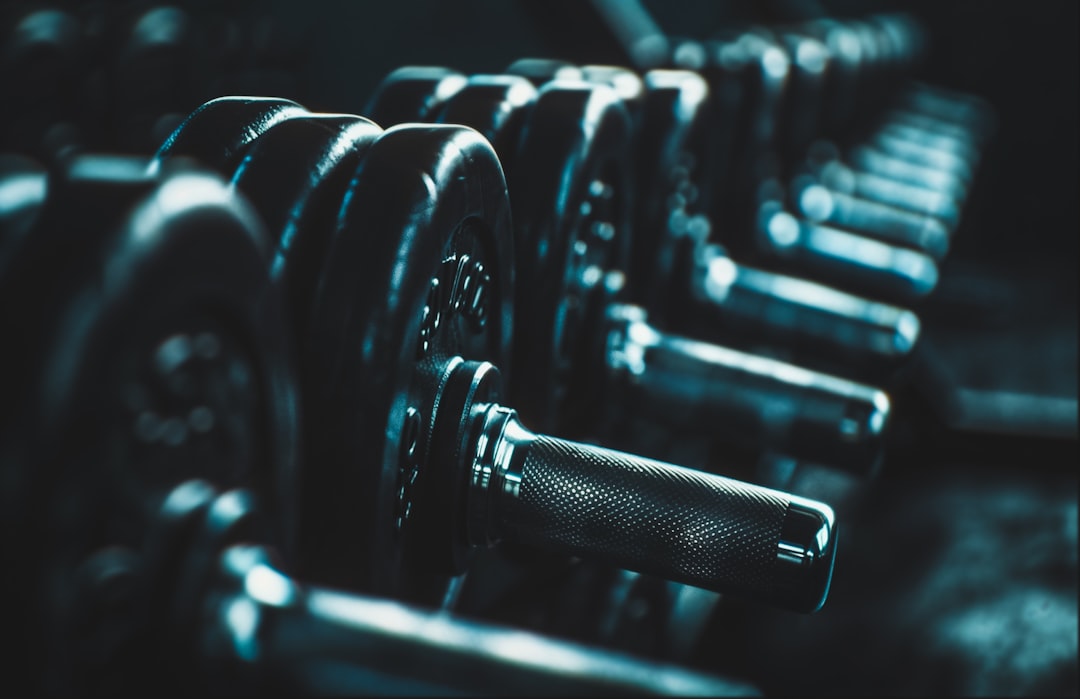 Close-up of a dumbbell handle resting on a rack