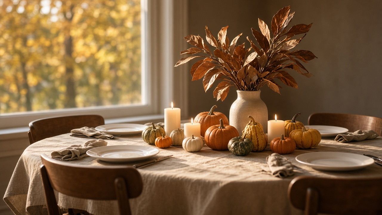 An autumn dinner table set for a holiday gathering with empty chairs, pumpkins, and warm candlelight