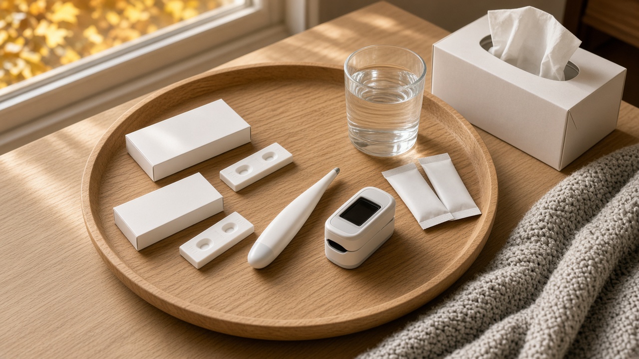 Unbranded rapid test kits, a digital thermometer, a fingertip pulse oximeter, tissues, and electrolyte packets arranged on a wooden tray