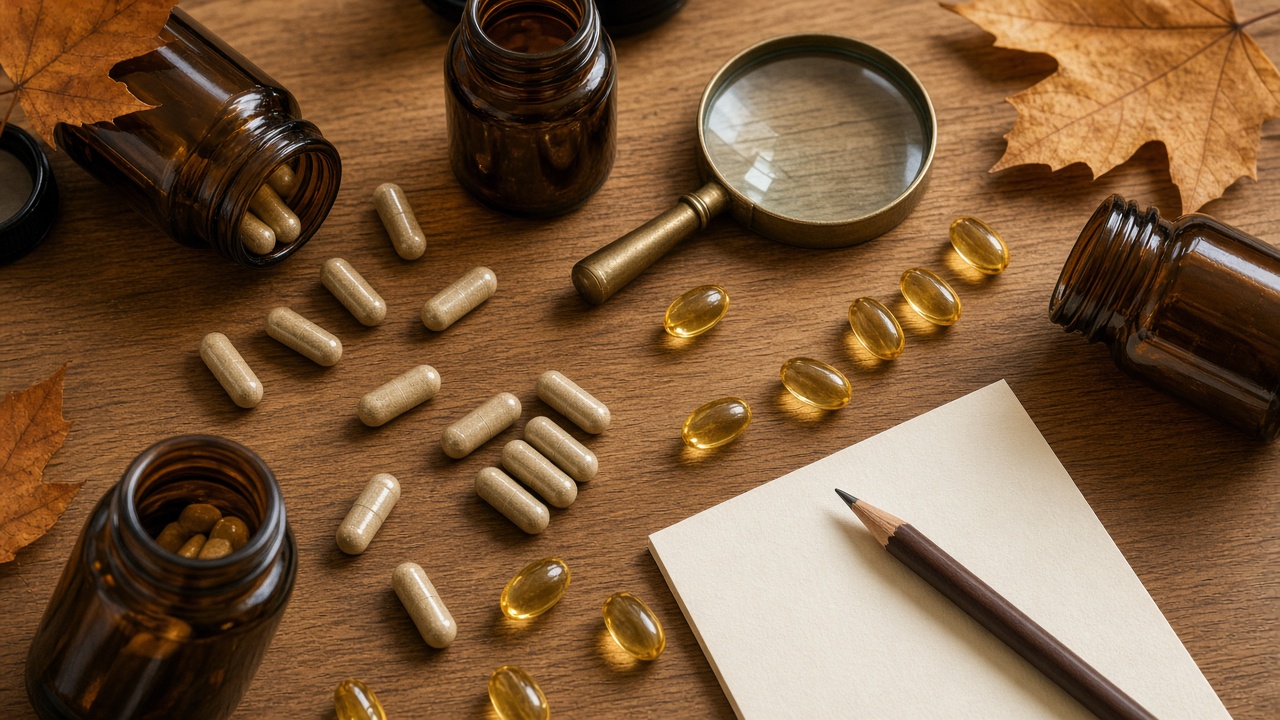 Unbranded amber supplement bottles, loose capsules, and a magnifying glass on a wooden table in soft autumn light
