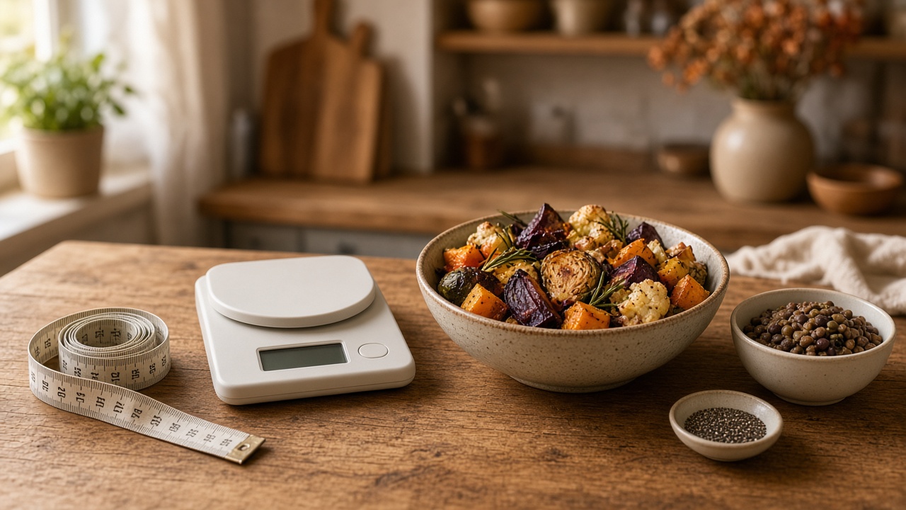 Measuring tape, kitchen scale, and bowls of vegetables, legumes, and chia seeds on a wooden counter in morning light