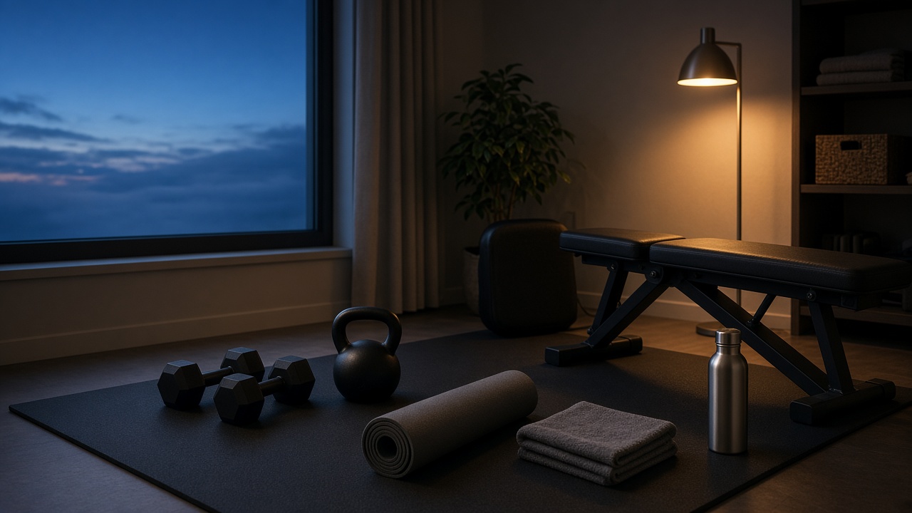 Quiet home strength corner before dawn with dumbbells, a kettlebell, and a weight bench under warm lamp light