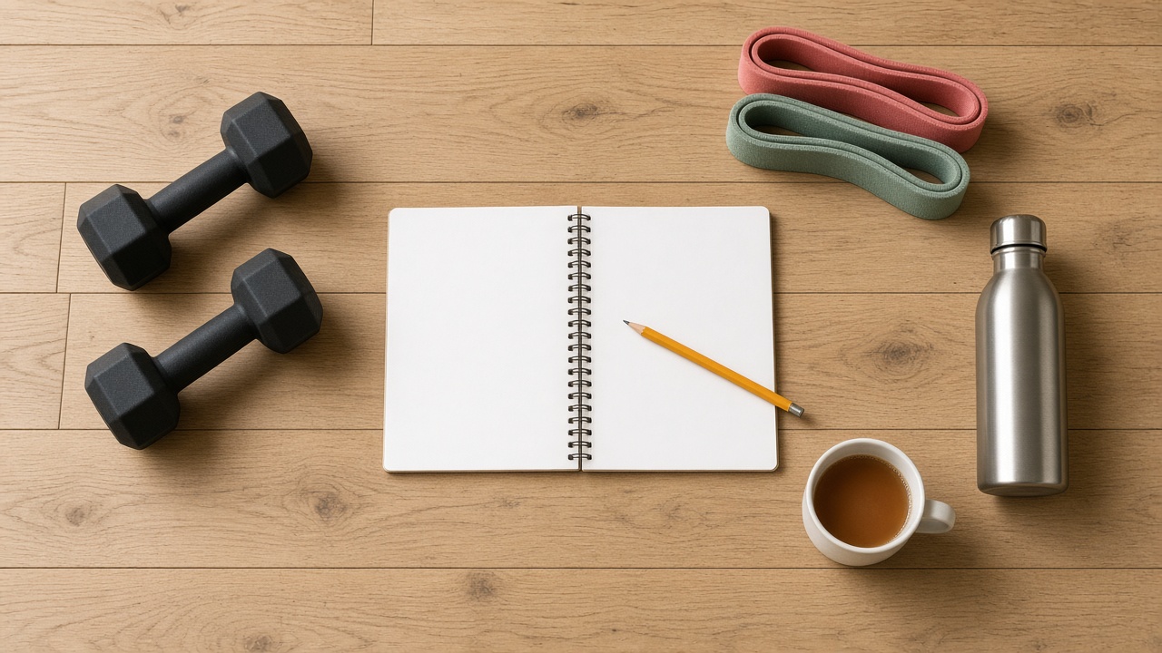 Overhead view of an open blank training notebook beside hex dumbbells, resistance bands, and a mug of tea