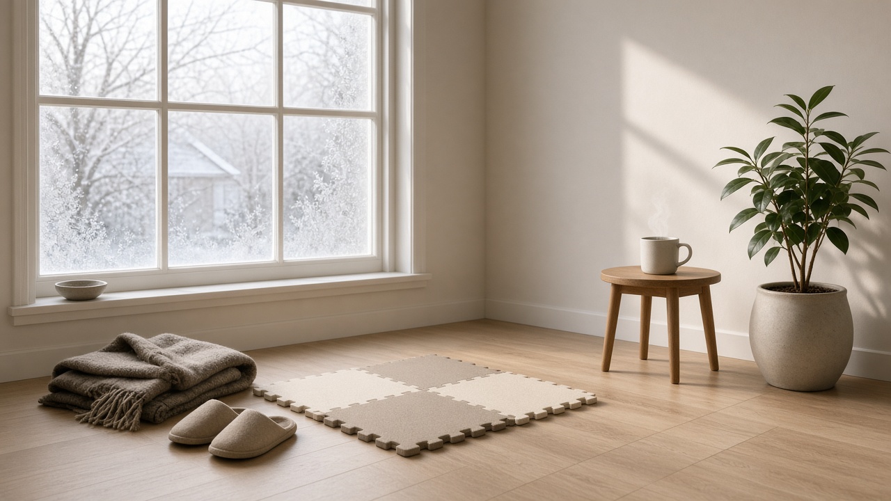A cleared living room corner by a frosty window with interlocking foam floor tiles, a folded blanket, slippers, a plant, and a steaming mug on a small stool