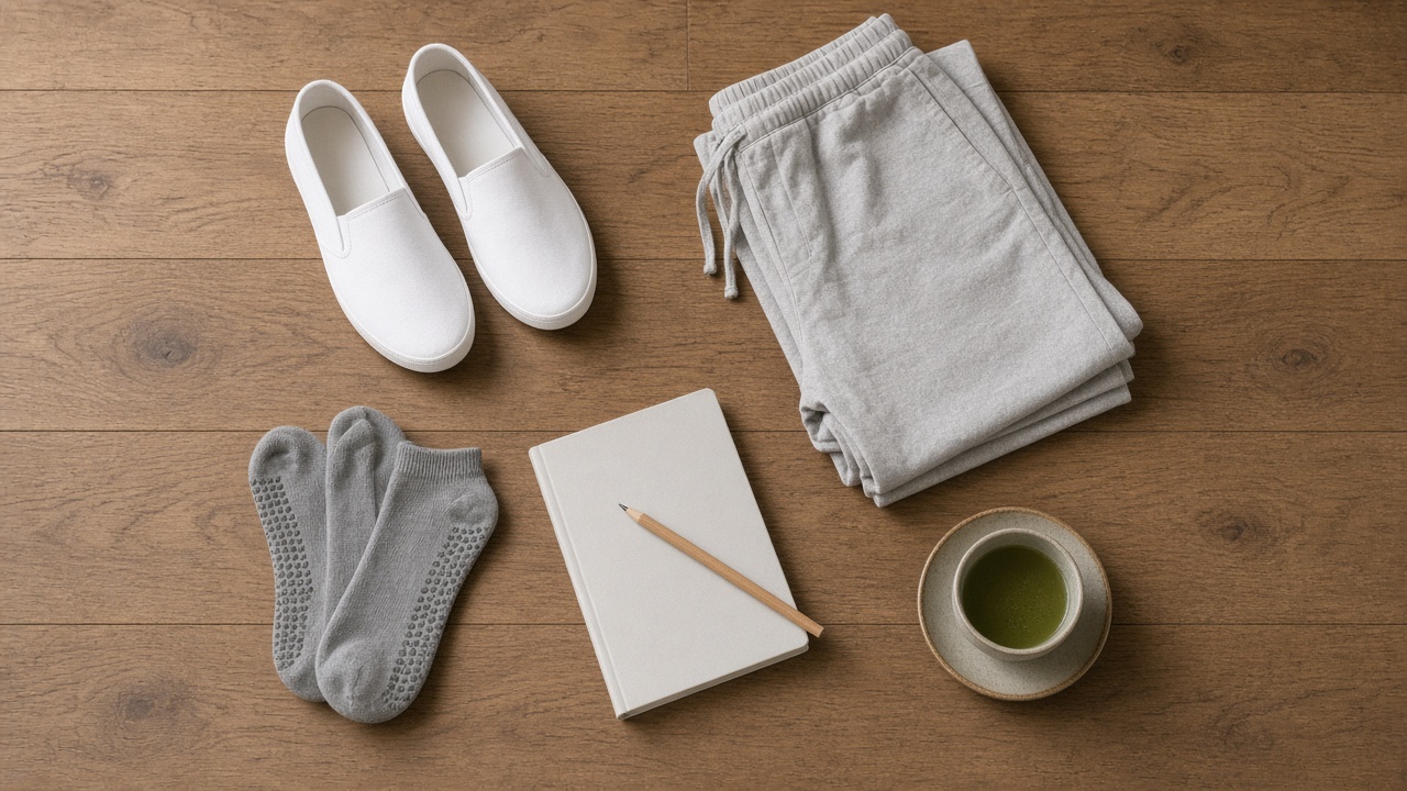 Flat-lay of a home tai chi practice kit with flat canvas shoes, folded loose cotton pants, grip socks, a blank notebook, and a cup of tea on a wooden floor