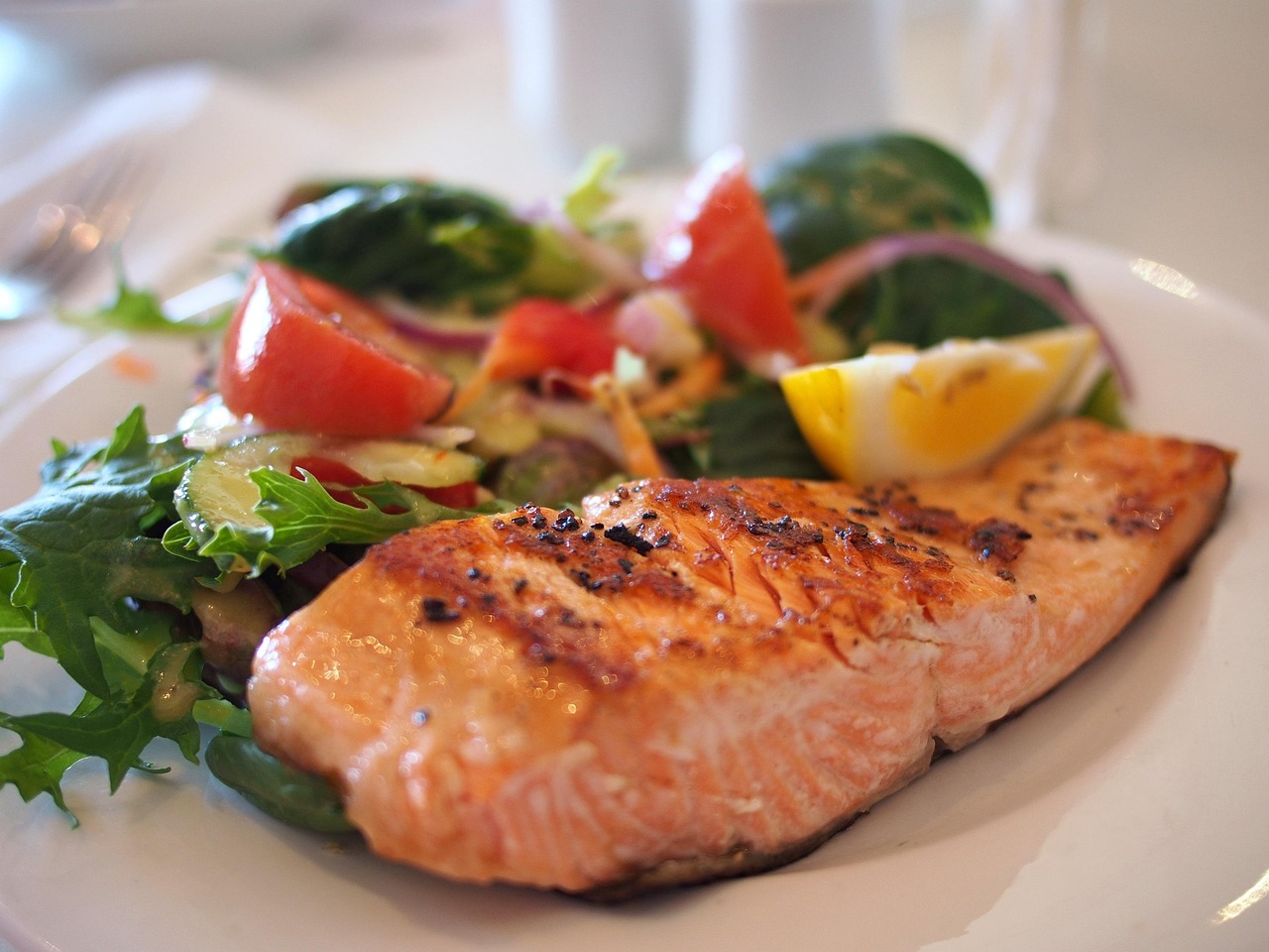 Plate of grilled salmon with a fresh green salad and vegetables