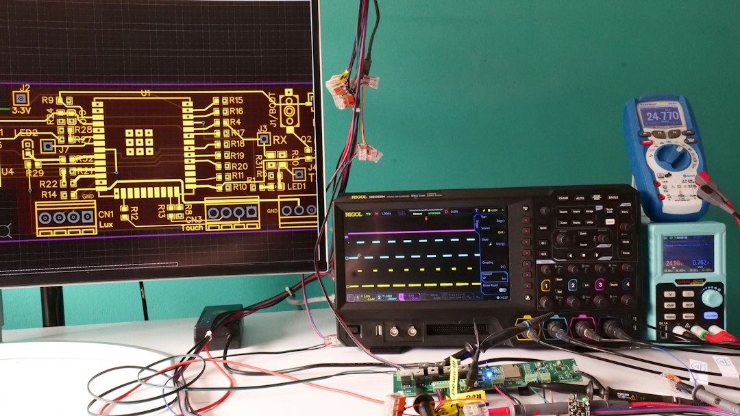 Electronics bench with a multimeter and an oscilloscope, the kind of setup that checks a device instead of trusting the brochure